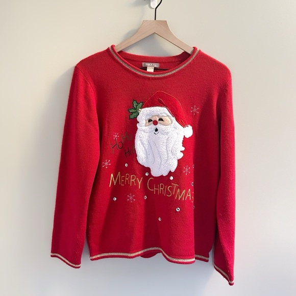 White Stag Sweaters - White Stag Ugly Christmas Sweater Womens Size Large Red Santa Claus Applique